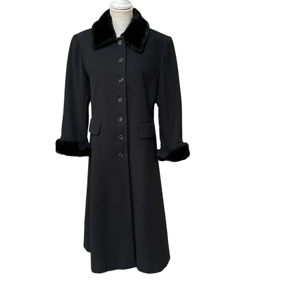 Vintage Albert Nipon Long Black Wool Winter Coat with‎ Fur Collar and Sle… - Picture 1 of 13